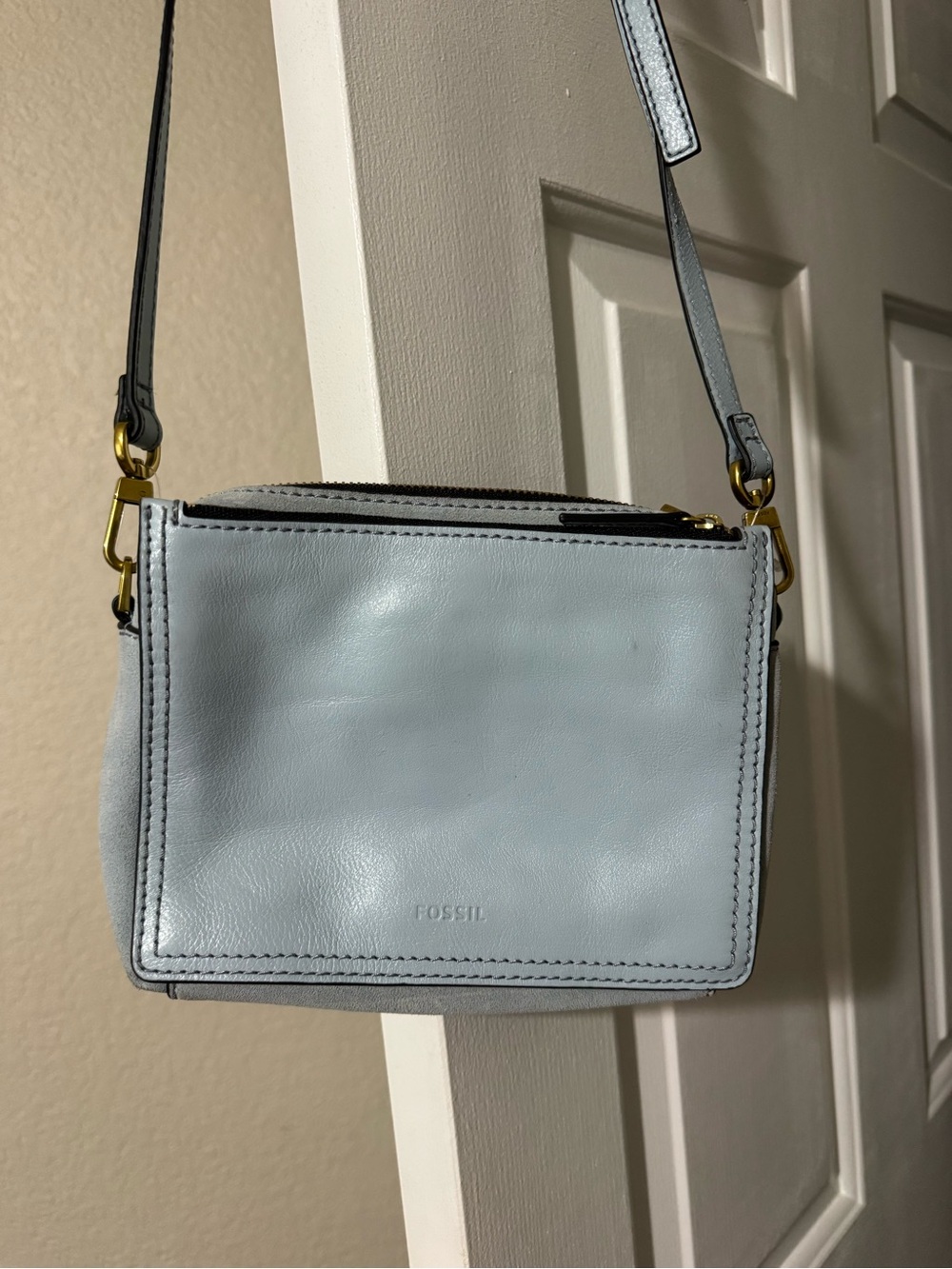 Fossil Pale Blue Leather Crossbody with Gold Accents
